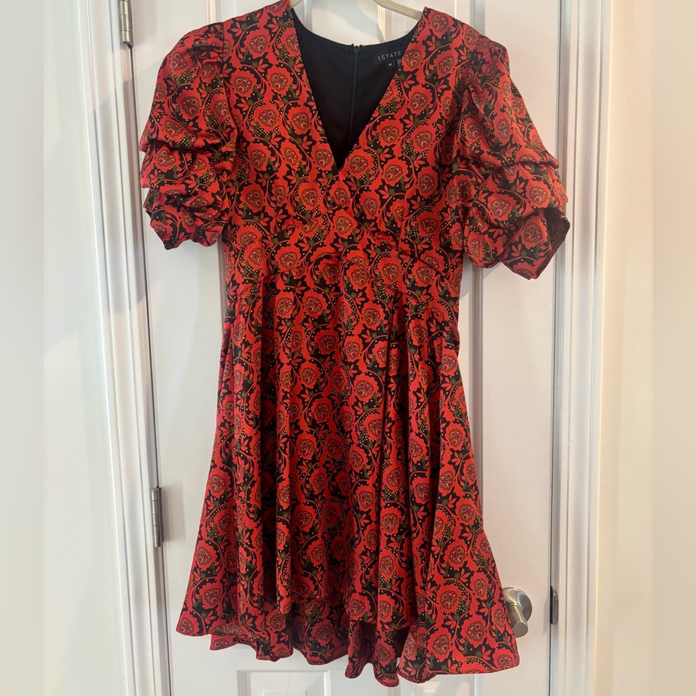 1 State Blooms Print Puff Sleeve V-Neck Fit & Flare Dress, Size M